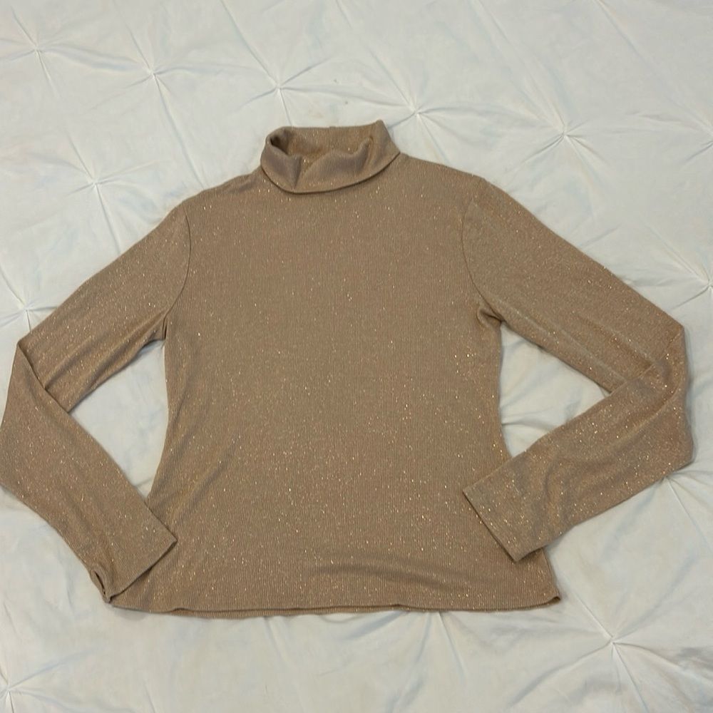 Project Runway Glitter Sparkle Khaki Long Sleeves Turtle-Neck Sweater Top Large